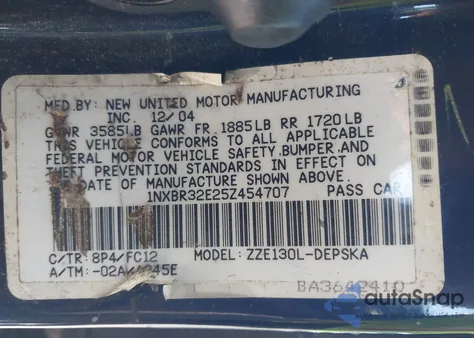 2005 Toyota Corolla S from USA, damaged, VIN 1NXBR32E25Z454707